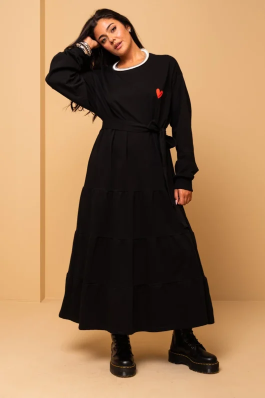 Noelia Frill Dress Follow Your Heart Black Sweatshirt Dress with Belt Petit Boutik