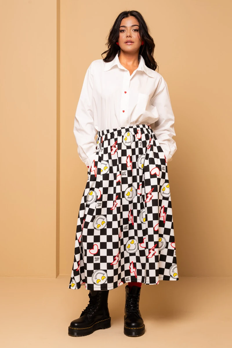 Malena Skirt White Checkered Smiley Φούτερ Φούστα Petit Boutik