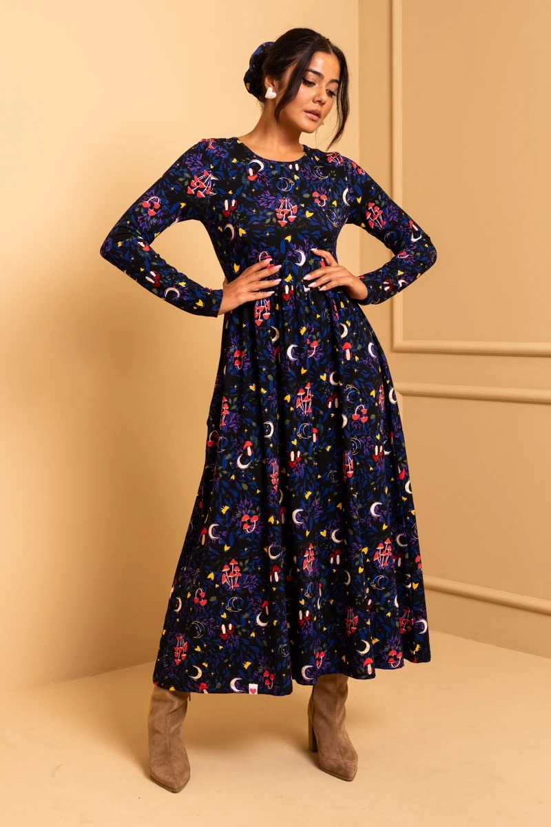 Isabella Dress Black Mushrooms Forest Jersey Dress with Pockets Petit Boutik