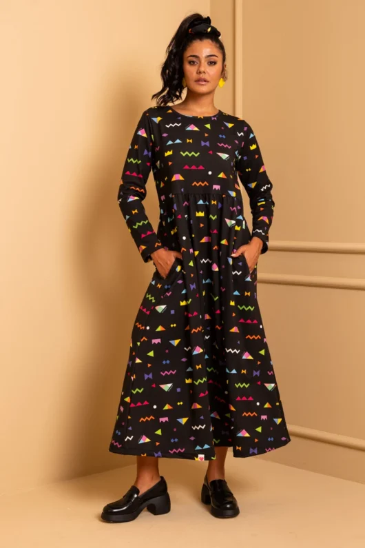 Isabella Dress Black Geometrical Abstract Sweatshirt Dress with Pockets Petit Boutik