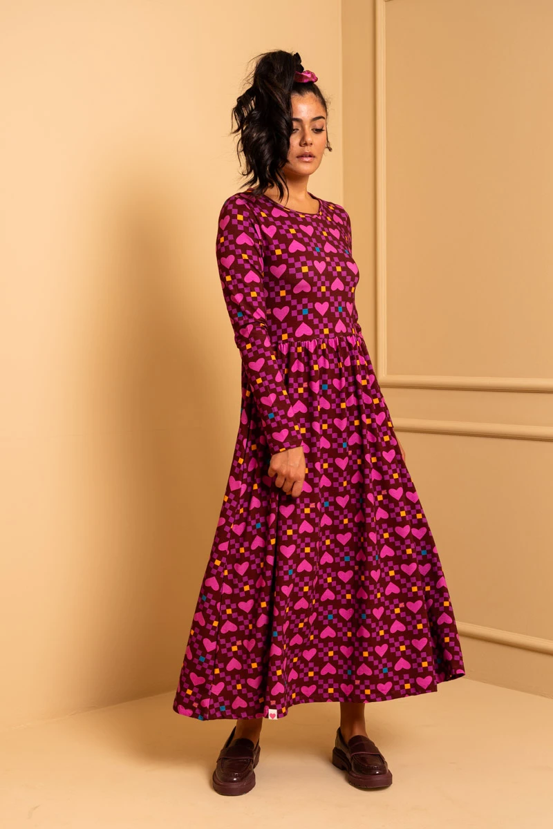 Isabella Dress Magenta Hearts Cubes Jersey Dress with Pockets Petit Boutik