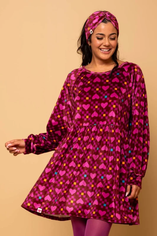 Melina Mini Velvet Dress Magenta Hearts