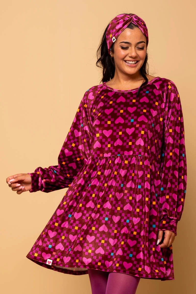 Melina Mini Velvet Dress Magenta Hearts