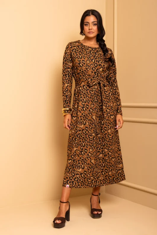 Amelia Dress Brown Animal Print Leopard Sweatshirt Dress with Belt Petit Boutik