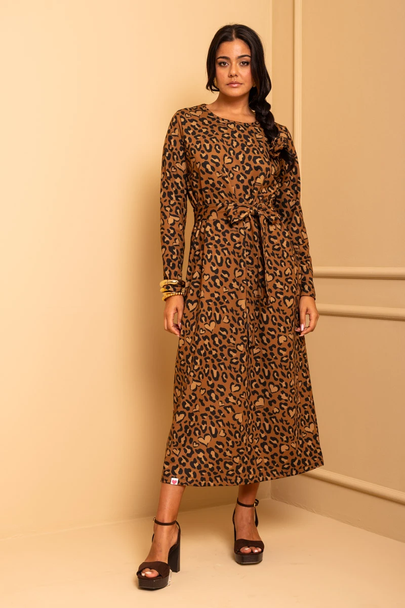 Amelia Dress Brown Animal Print Leopard Sweatshirt Dress with Belt Petit Boutik