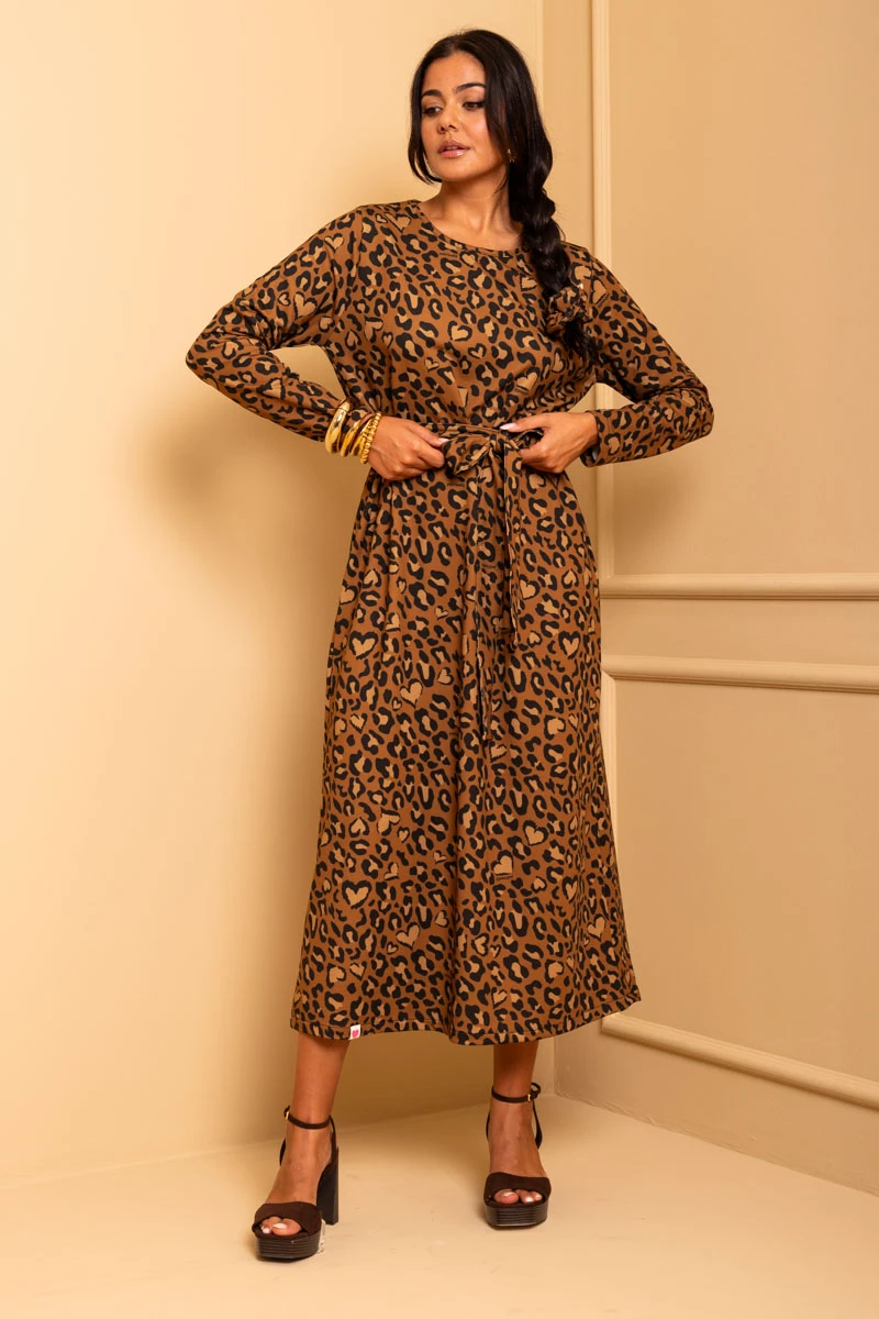 Amelia Dress Brown Animal Print Leopard Sweatshirt Dress with Belt Petit Boutik - Image 2