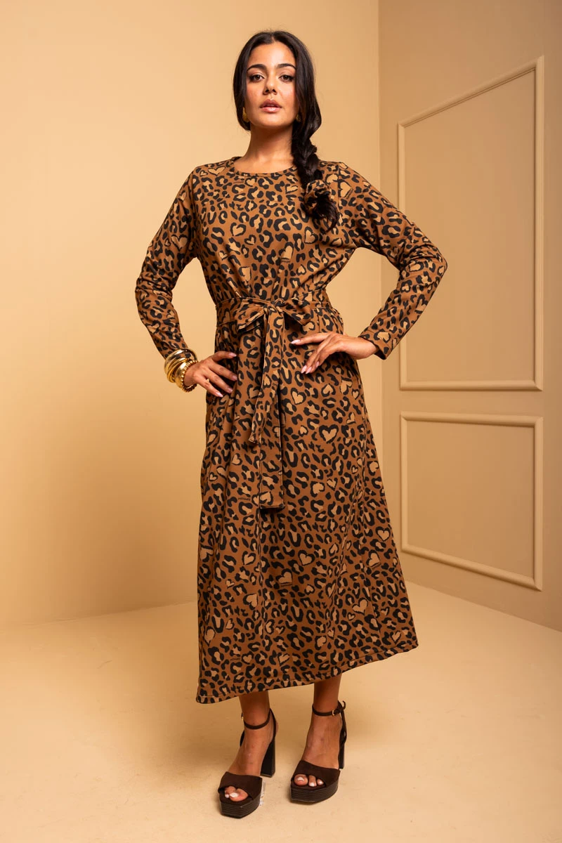 Amelia Dress Brown Animal Print Leopard Sweatshirt Dress with Belt Petit Boutik - Image 4