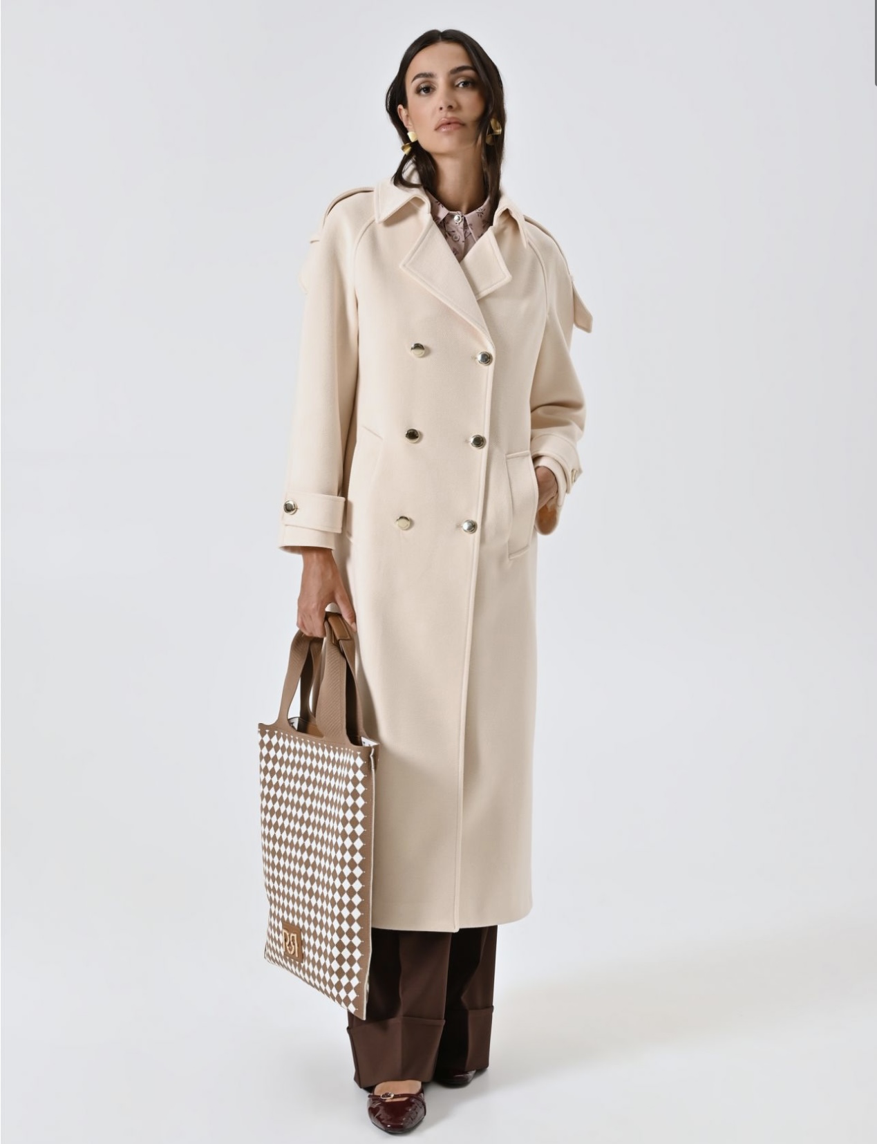 Beige Oversized Double-Breasted Coat with Epaulettes - Image 3