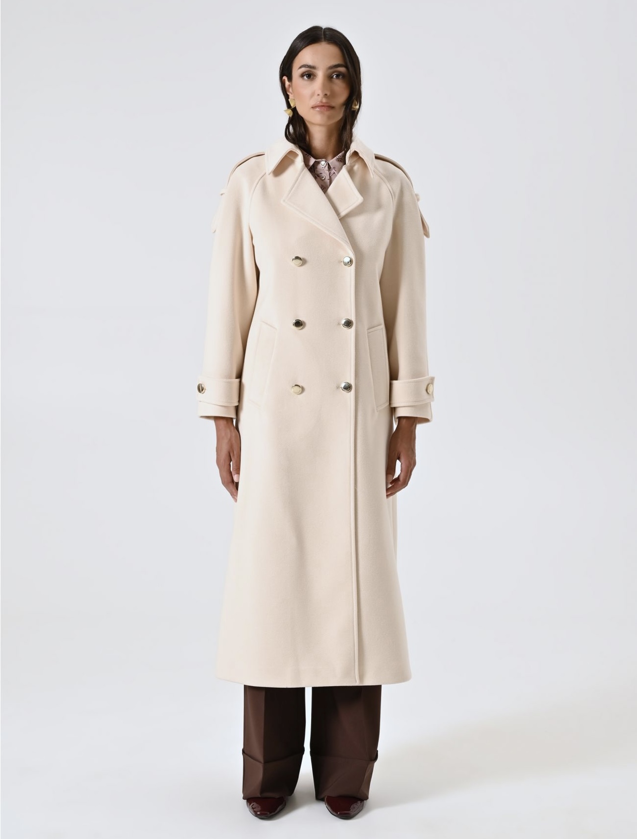 Beige Oversized Double-Breasted Coat with Epaulettes