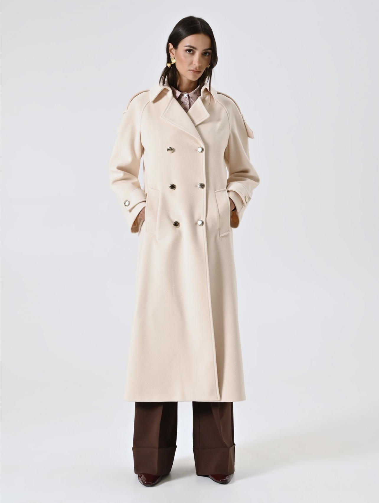 Beige Oversized Double-Breasted Coat with Epaulettes - Image 2
