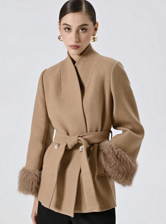 Short Camel Coat with Fur-effect Inserts Woman