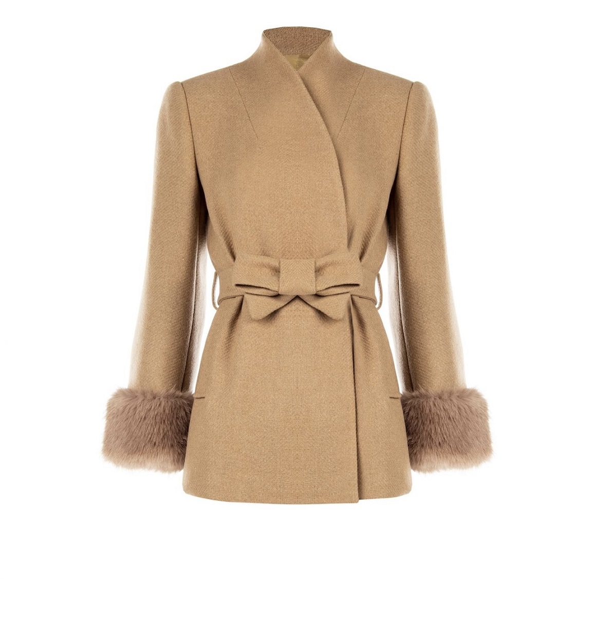 Short Camel Coat with Fur-effect Inserts Woman - Image 4