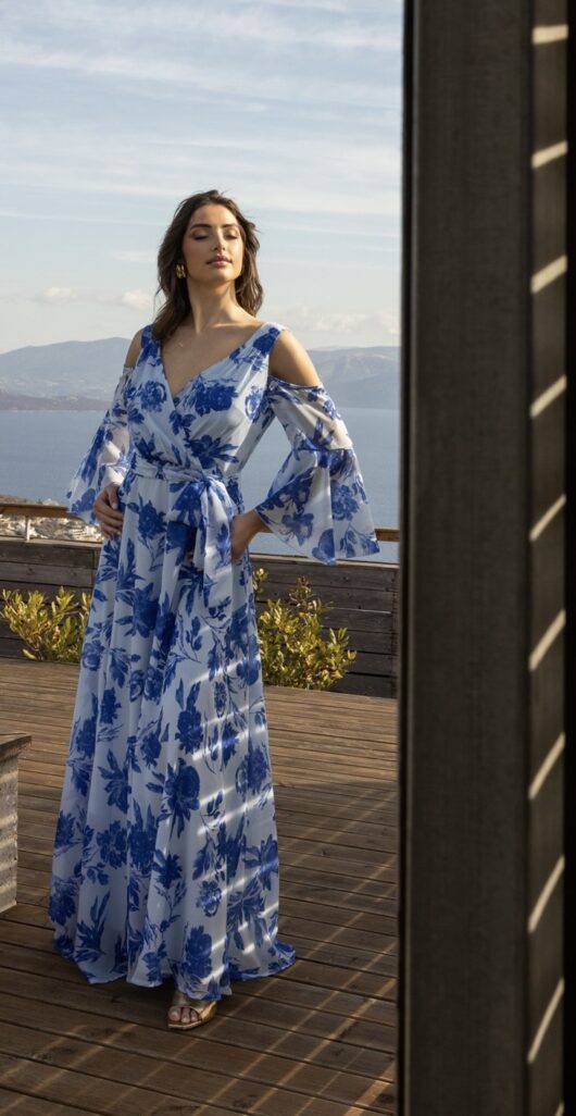 Φόρεμα με floral σχέδια και ιδιαίτερους ώμους γαλάζιο