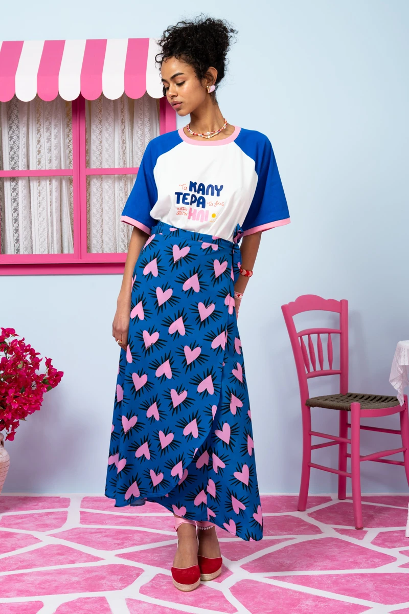Klara Wrap Skirt Blue Hearts Pink Spikes Δετή Φούστα Petit Boutik