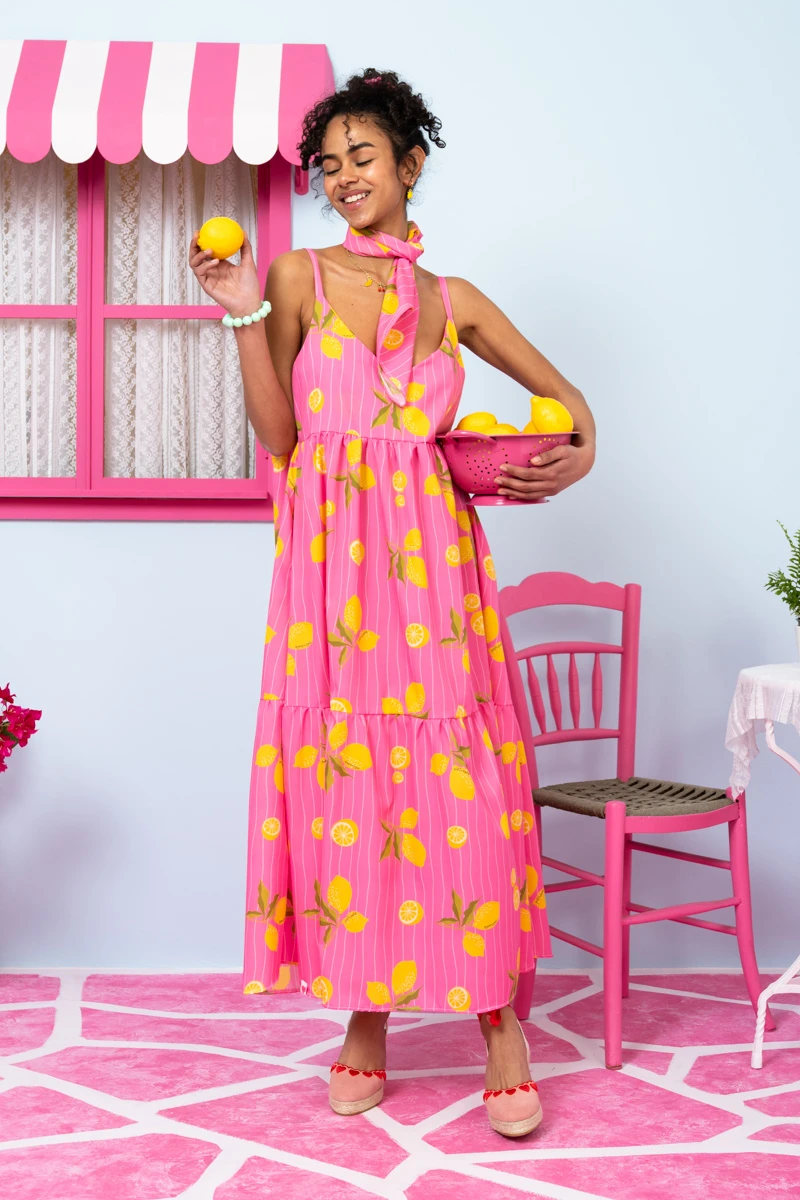 Athena Dress Pink Lemons Stripes Φόρεμα με Ζώνη & Τσέπες Petit Boutik - Image 3