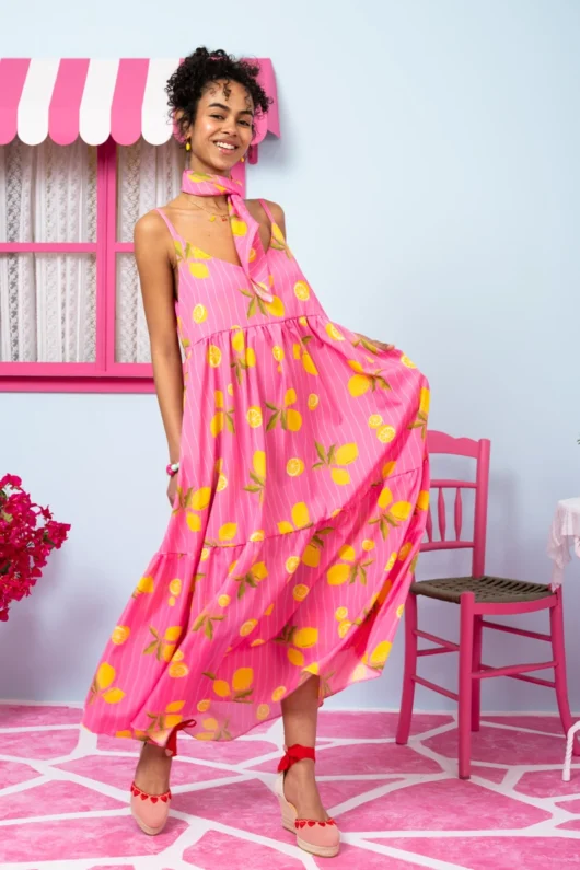 Athena Dress Pink Lemons Stripes Φόρεμα με Ζώνη & Τσέπες Petit Boutik