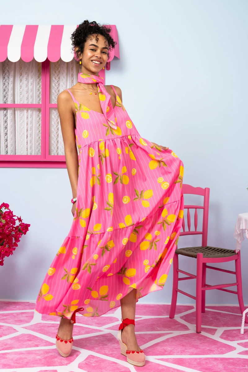 Athena Dress Pink Lemons Stripes Φόρεμα με Ζώνη & Τσέπες Petit Boutik