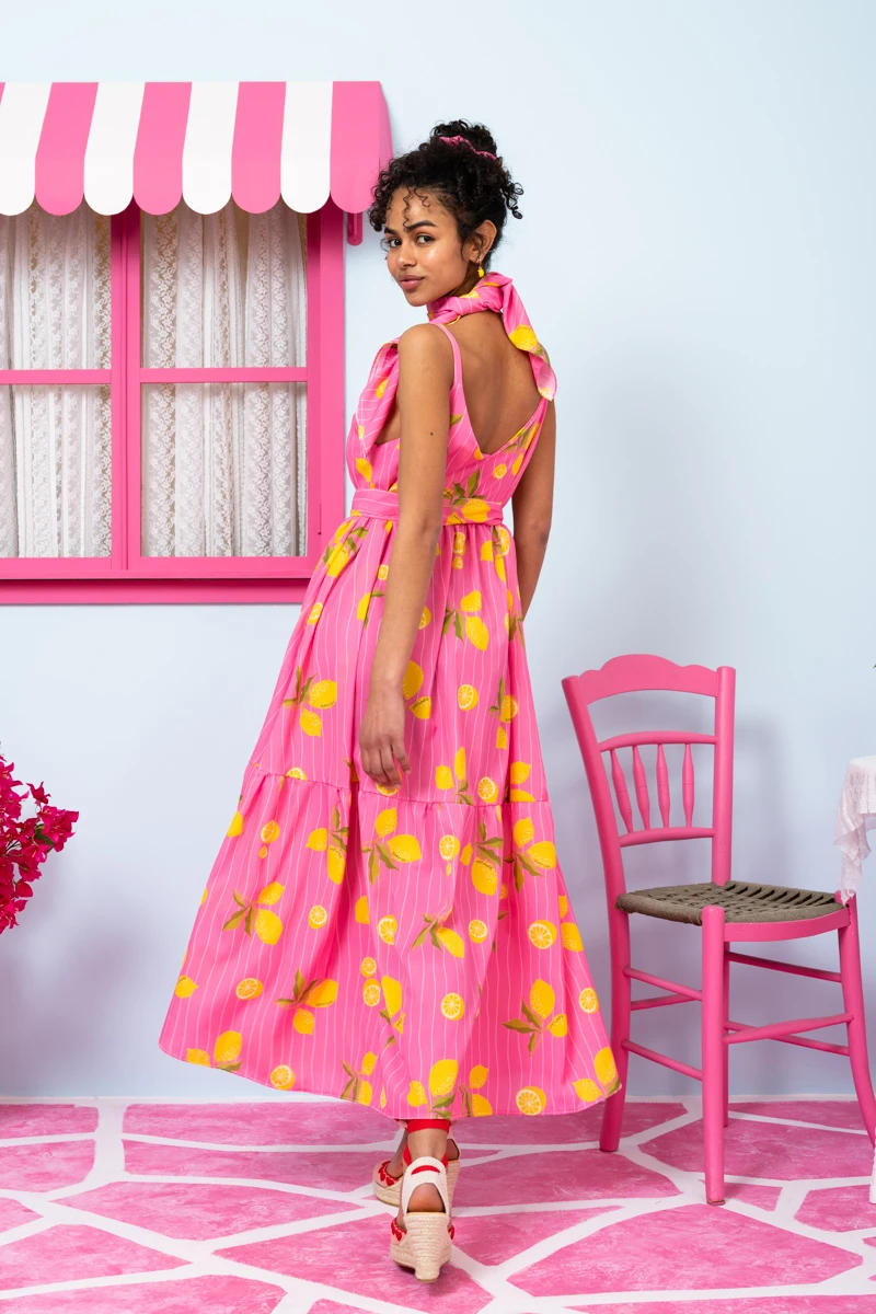 Athena Dress Pink Lemons Stripes Φόρεμα με Ζώνη & Τσέπες Petit Boutik - Image 2