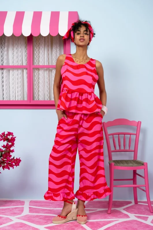 Jo Pants Frill Pink Red Waves Παντελόνα με Τσέπες Petit Boutik