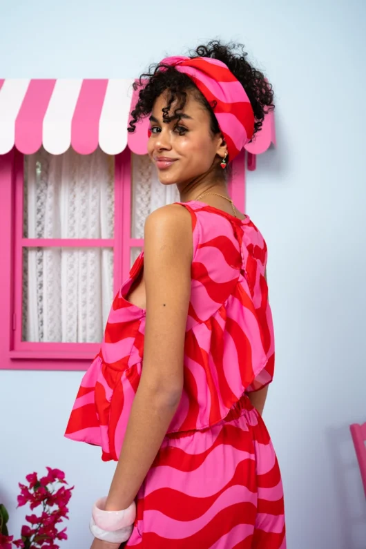 Lila Top Blouse Frill Pink Red Waves Μπλούζα Petit Boutik