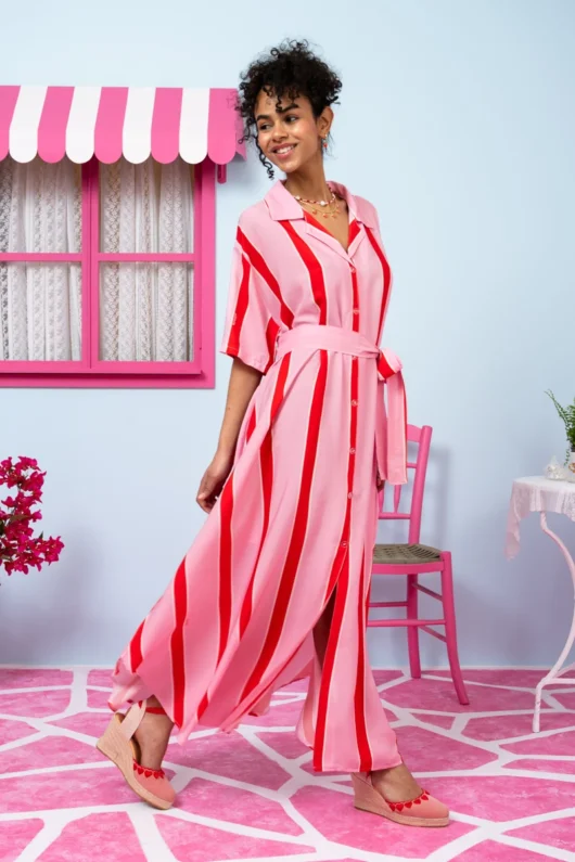 Olia Shirt Dress Vis Pink Red Triple Stripes Σεμιζιέ Φόρεμα με Ζώνη & Τσέπες Petit Boutik