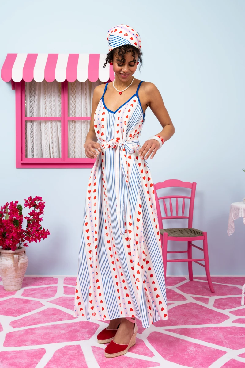 Matina Dress Vis Blue Stripes Red Hearts Φόρεμα με Ζώνη & Τσέπες Petit Boutik - Image 4