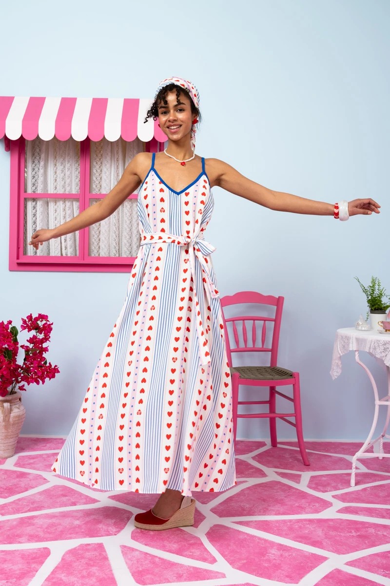Matina Dress Vis Blue Stripes Red Hearts Φόρεμα με Ζώνη & Τσέπες Petit Boutik - Image 2