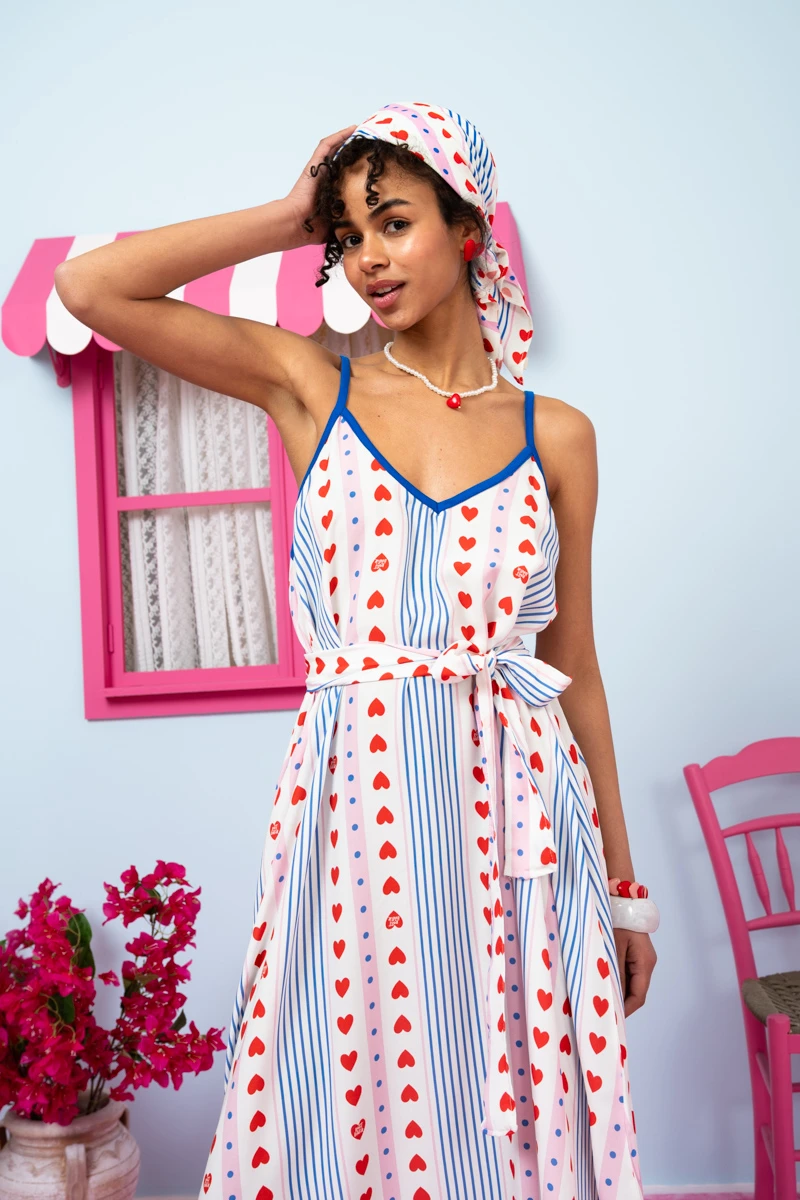 Matina Dress Vis Blue Stripes Red Hearts Φόρεμα με Ζώνη & Τσέπες Petit Boutik - Image 3