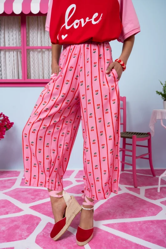 Ramona Pants Vis Pink Red Cherries Stripes Παντελόνα με Τσέπες Και Πιέτα Petit Boutik