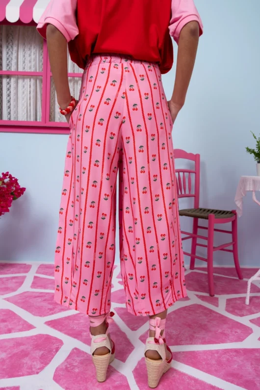 Alternative view of Ramona Pants Vis Pink Red Cherries Stripes Παντελόνα με Τσέπες Και Πιέτα Petit Boutik
