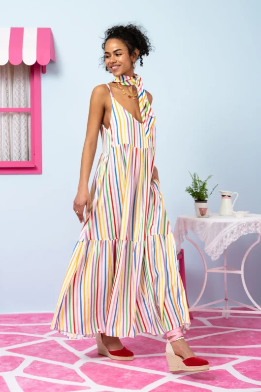 Alternative view of Athena Dress Vis Multi Stripes Rainbow Color Φόρεμα με Ζώνη & Τσέπες Petit Boutik