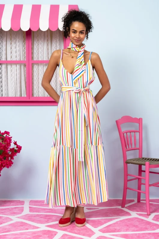 Athena Dress Vis Multi Stripes Rainbow Color Φόρεμα με Ζώνη & Τσέπες Petit Boutik