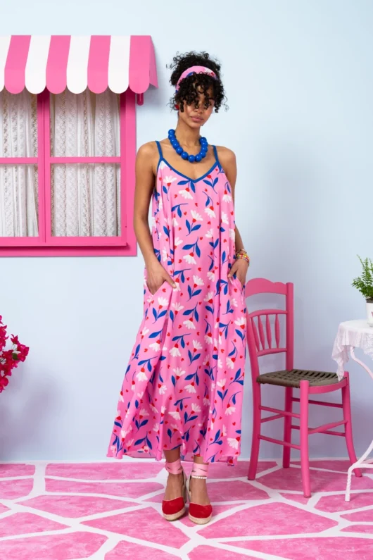 Matina Dress Pink Floral Blue Leaves Φόρεμα με Ζώνη & Τσέπες Petit Boutik