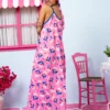 Matina Dress Pink Floral Blue Leaves Φόρεμα με Ζώνη & Τσέπες Petit Boutik - Image 2