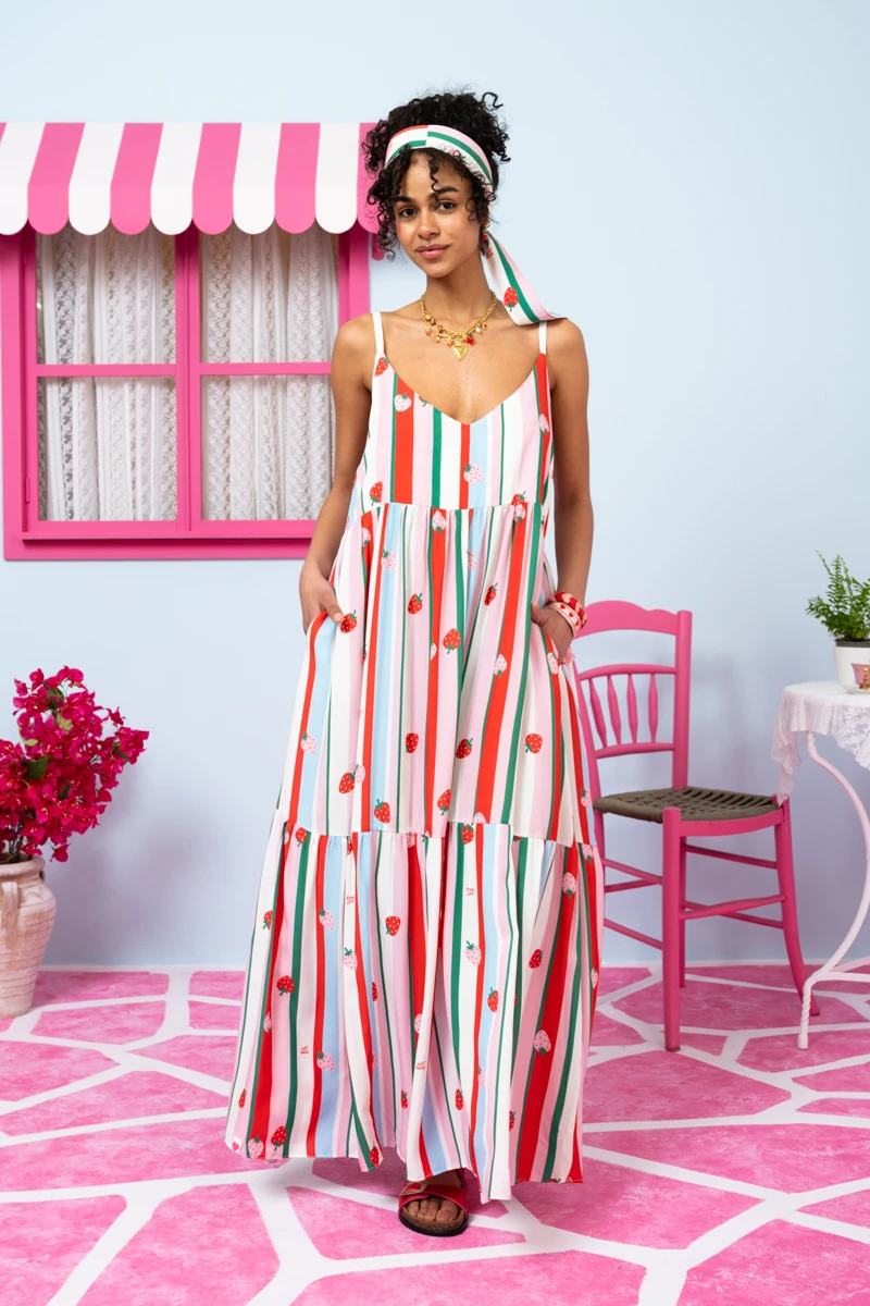 Athena Dress Vis Multi Stripes Strawberries Φόρεμα με Ζώνη & Τσέπες Petit Boutik - Image 4