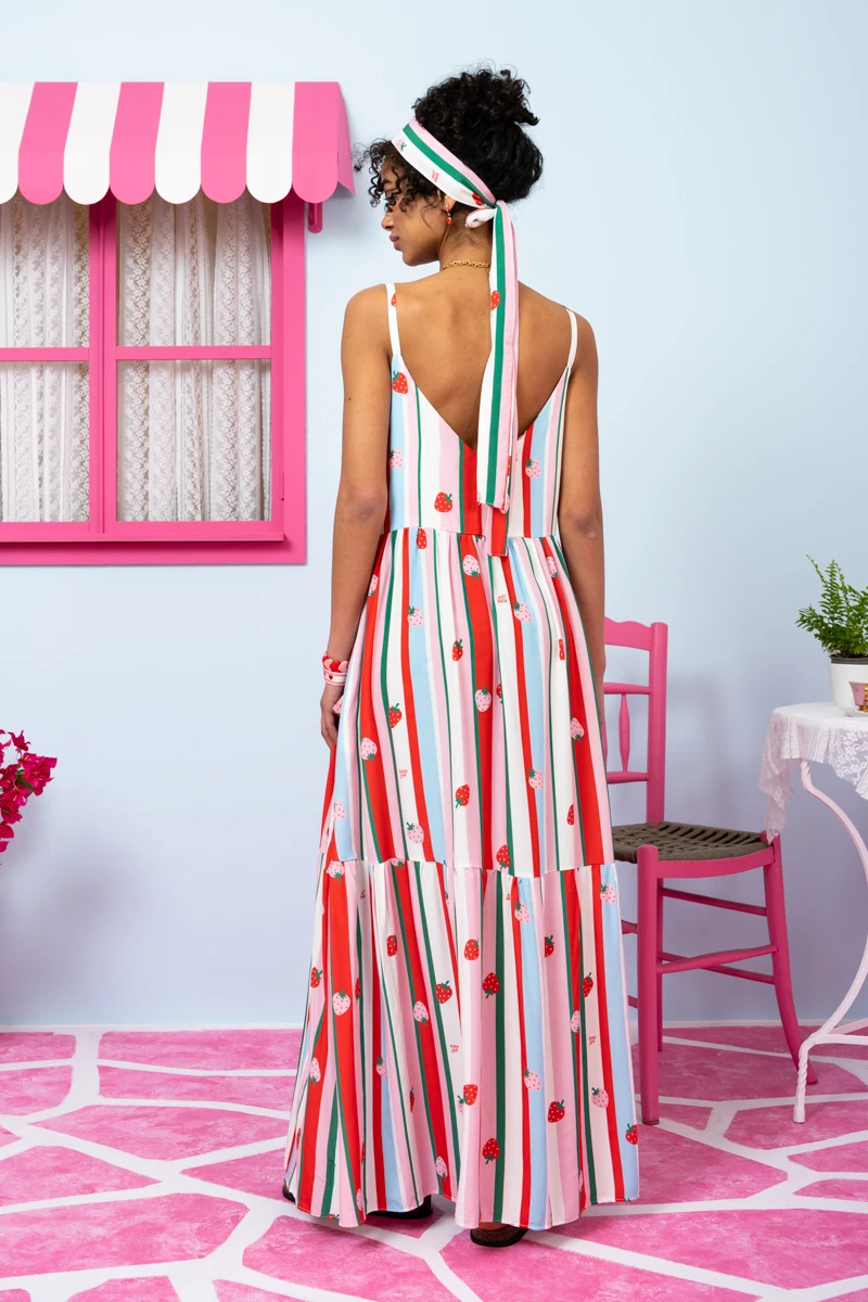 Athena Dress Vis Multi Stripes Strawberries Φόρεμα με Ζώνη & Τσέπες Petit Boutik - Image 3