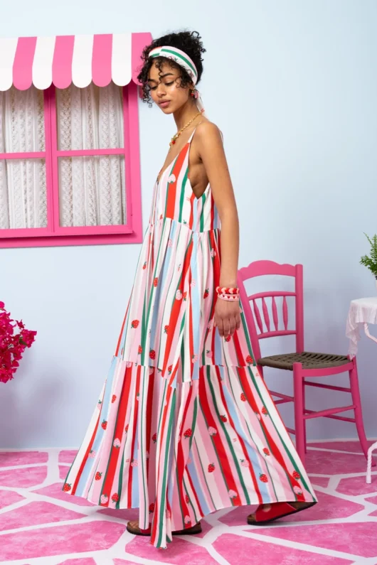 Alternative view of Athena Dress Vis Multi Stripes Strawberries Φόρεμα με Ζώνη & Τσέπες Petit Boutik