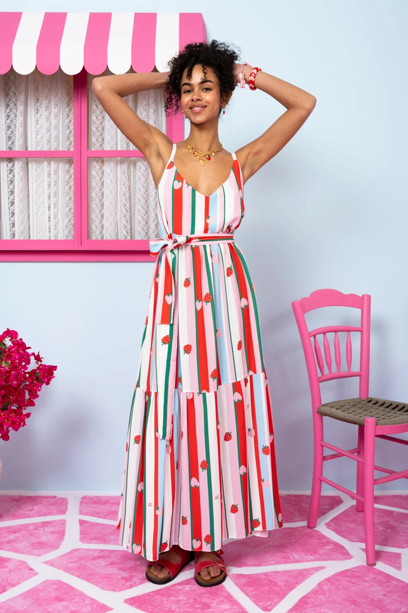 Athena Dress Vis Multi Stripes Strawberries Φόρεμα με Ζώνη & Τσέπες Petit Boutik