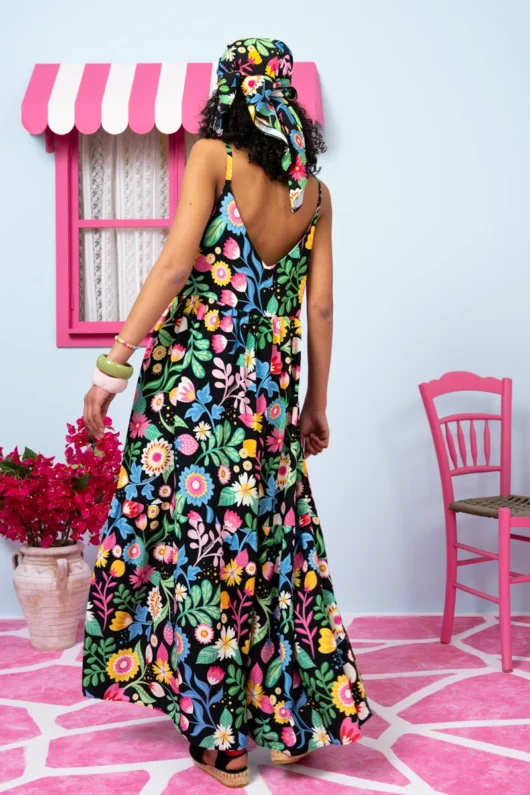 Athena Dress Vis Black Strawberries Forest Φόρεμα με Ζώνη & Τσέπες Petit Boutik