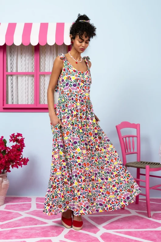 Alternative view of Fenia Dress Vis White Mexican Floral Φόρεμα με Δετές Τιράντες & Τσέπες Petit Boutik