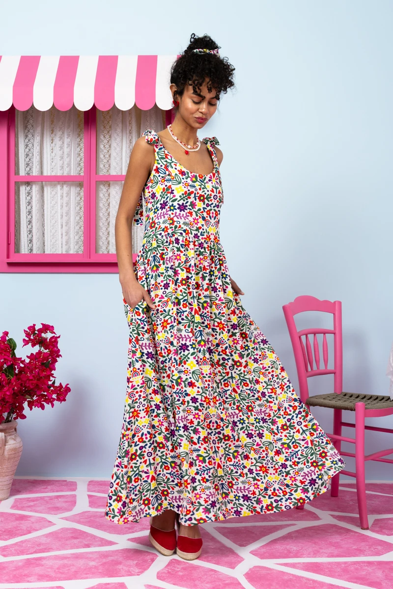 Fenia Dress Vis White Mexican Floral Φόρεμα με Δετές Τιράντες & Τσέπες Petit Boutik - Image 2