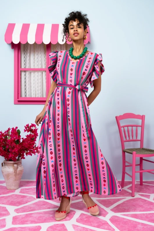 Betty Dress Purple Multi Stripes Aztek Frill Sleeves Φόρεμα με Ζώνη & Τσέπες Petit Boutik