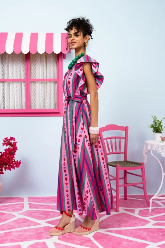 Alternative view of Betty Dress Purple Multi Stripes Aztek Frill Sleeves Φόρεμα με Ζώνη & Τσέπες Petit Boutik