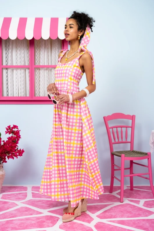 Fenia Dress Pink Yellow Checkered Φόρεμα με Δετές Τιράντες & Τσέπες Petit Boutik
