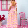Fenia Dress Pink Yellow Checkered Φόρεμα με Δετές Τιράντες & Τσέπες Petit Boutik - Image 2