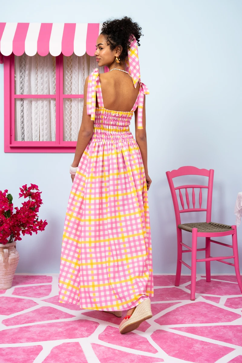 Fenia Dress Pink Yellow Checkered Φόρεμα με Δετές Τιράντες & Τσέπες Petit Boutik - Image 2