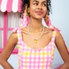 Fenia Dress Pink Yellow Checkered Φόρεμα με Δετές Τιράντες & Τσέπες Petit Boutik - Image 4