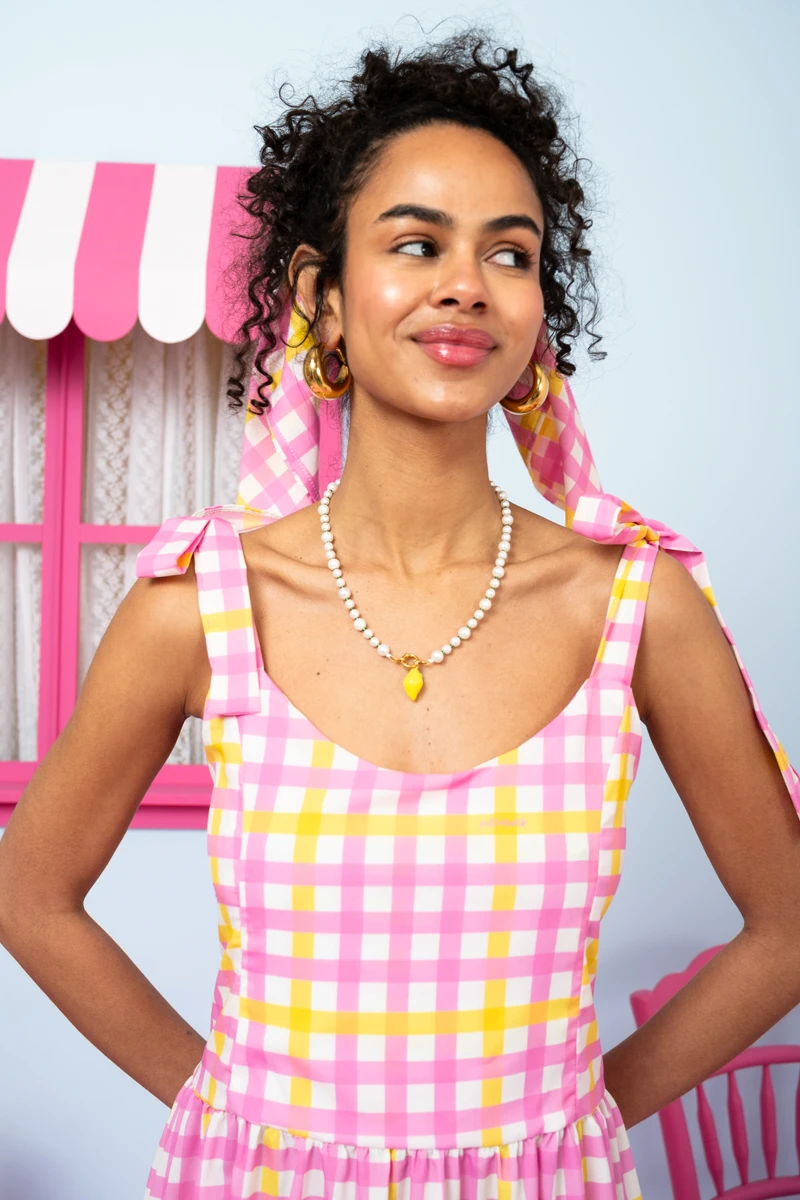Fenia Dress Pink Yellow Checkered Φόρεμα με Δετές Τιράντες & Τσέπες Petit Boutik - Image 4