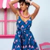 Beverly Short Dress Blue Hearts Pink Spikes Τιραντέ Φόρεμα με Ζώνη & Τσέπες Petit Boutik
