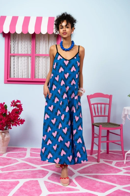 Alternative view of Matina Dress Blue Hearts Pink Spikes Φόρεμα με Ζώνη & Τσέπες Petit Boutik